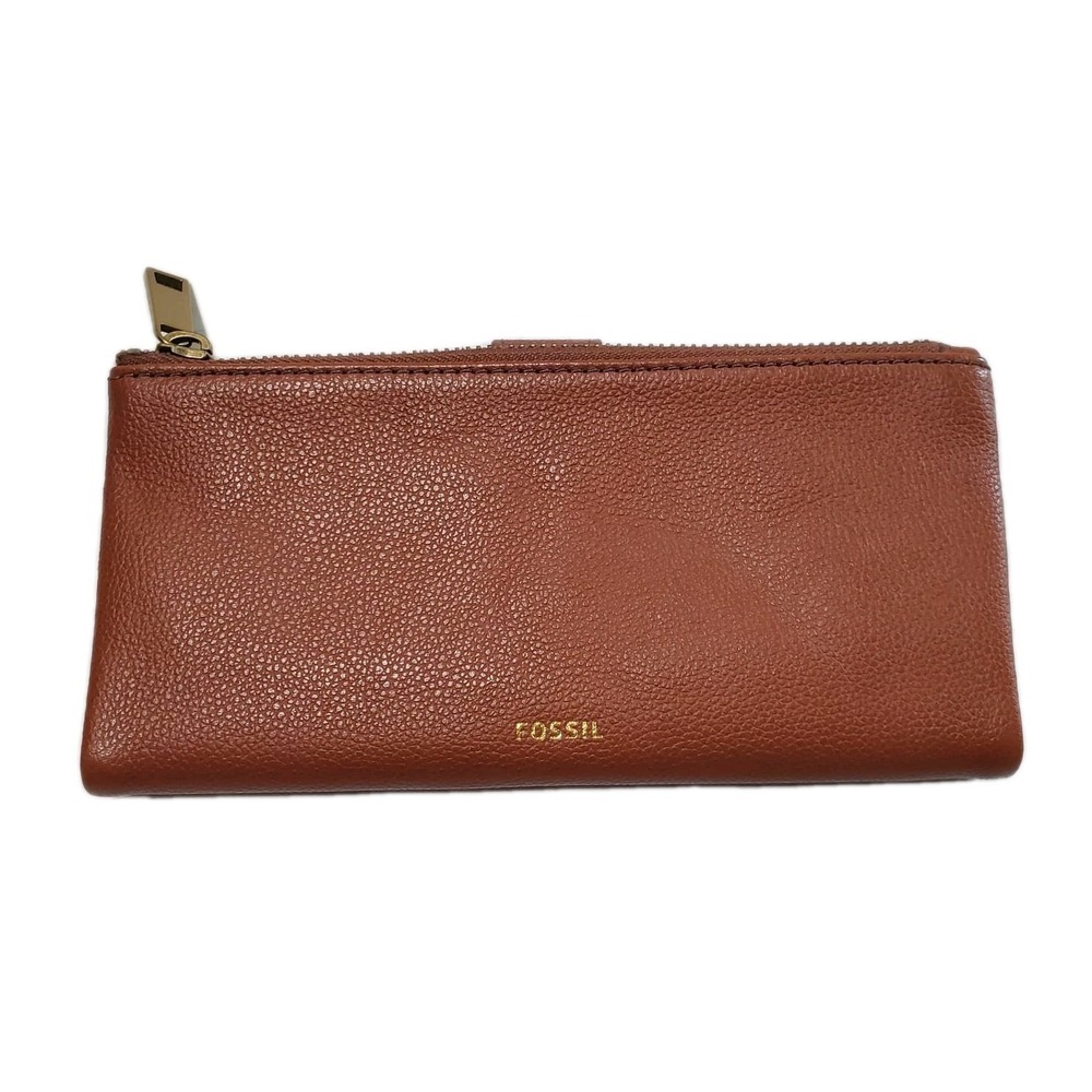 Fossil Lainie Brown Crossgrain Leather Organizer Wallet Clutch Snap Closure